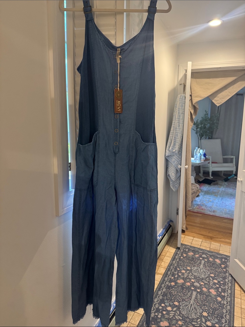 XCVI Indigo Wide-Leg Strap Jumpsuit with Front Pockets